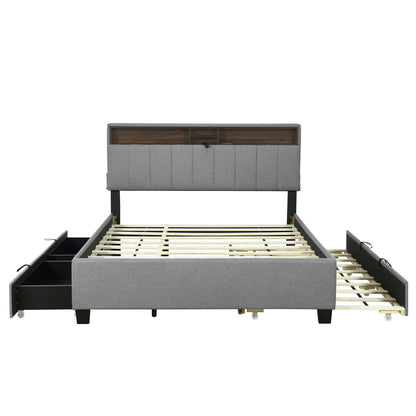Queen Size Upholstered Platform Bed With Storage Headboard, Twin Long Size Trundle & 2 Drawers And A Set Of Sockets & USB Ports - Gray