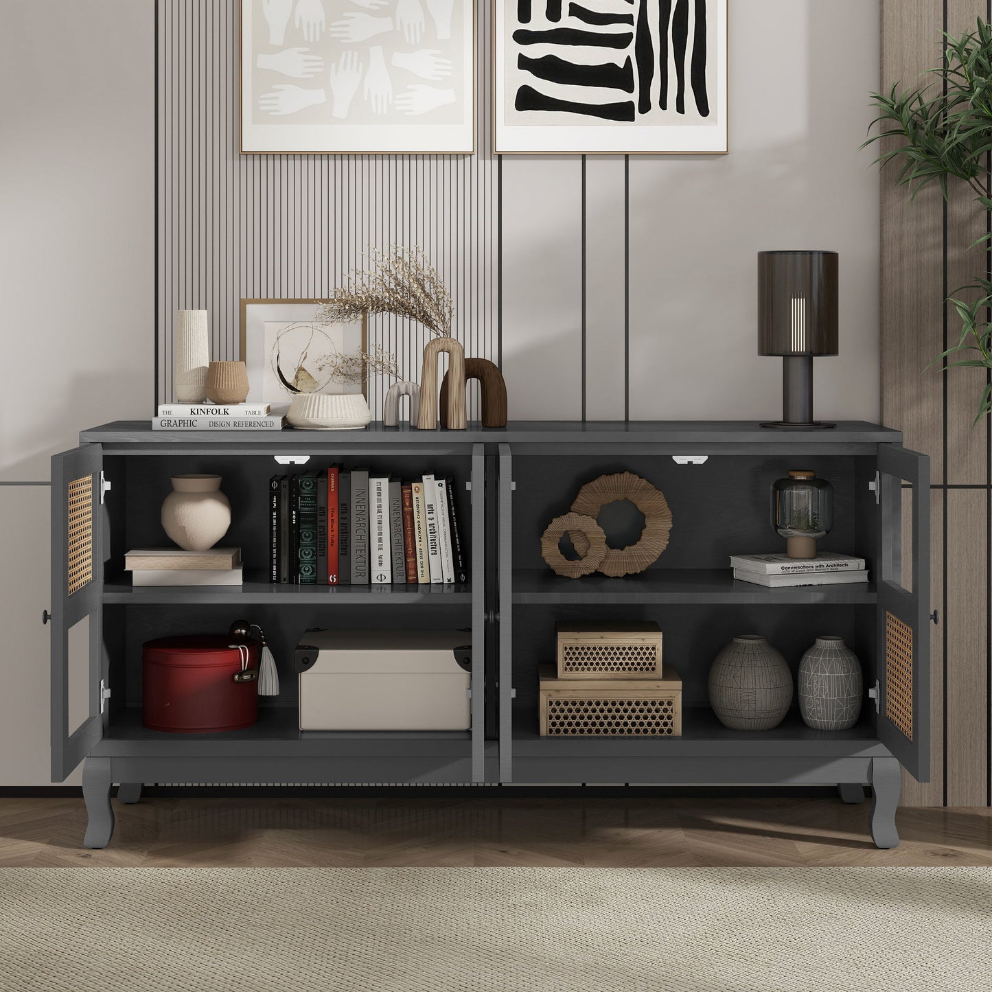 Retro Industrial Gray 4 Door Sideboard With Large Storage, Rattan And Glass Doors - Antique Dark Gray / Rattan
