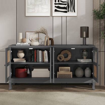 Retro Industrial Gray 4 Door Sideboard With Large Storage, Rattan And Glass Doors - Antique Dark Gray / Rattan