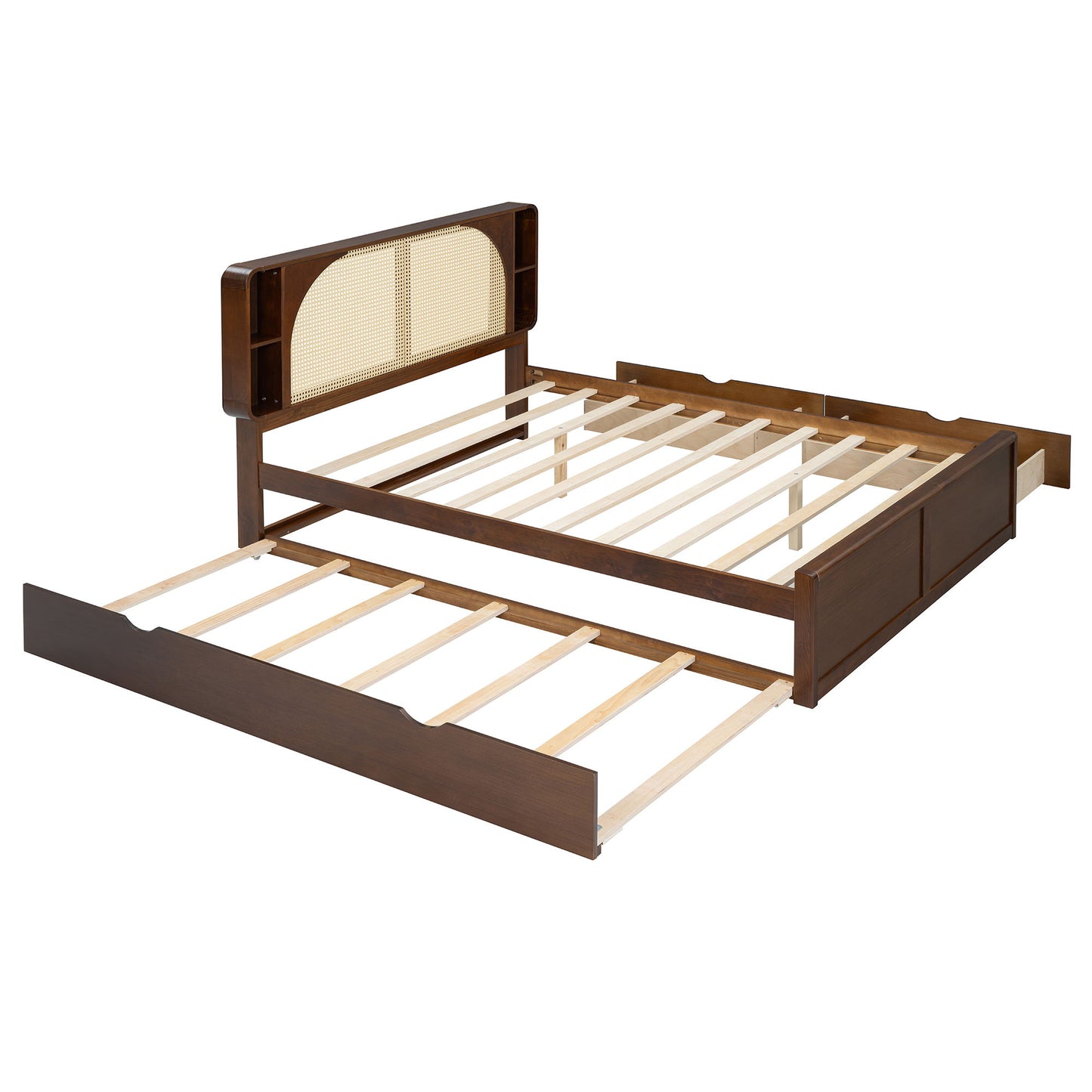 Queen Size Headboard Bed With 2 Drawers And Trundle Walnut