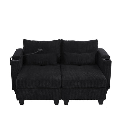 Convertible Chaise Lounge Loveseat Sofa Bed With USB Ports, Cup Holders, Phone Holder & Storage - Black