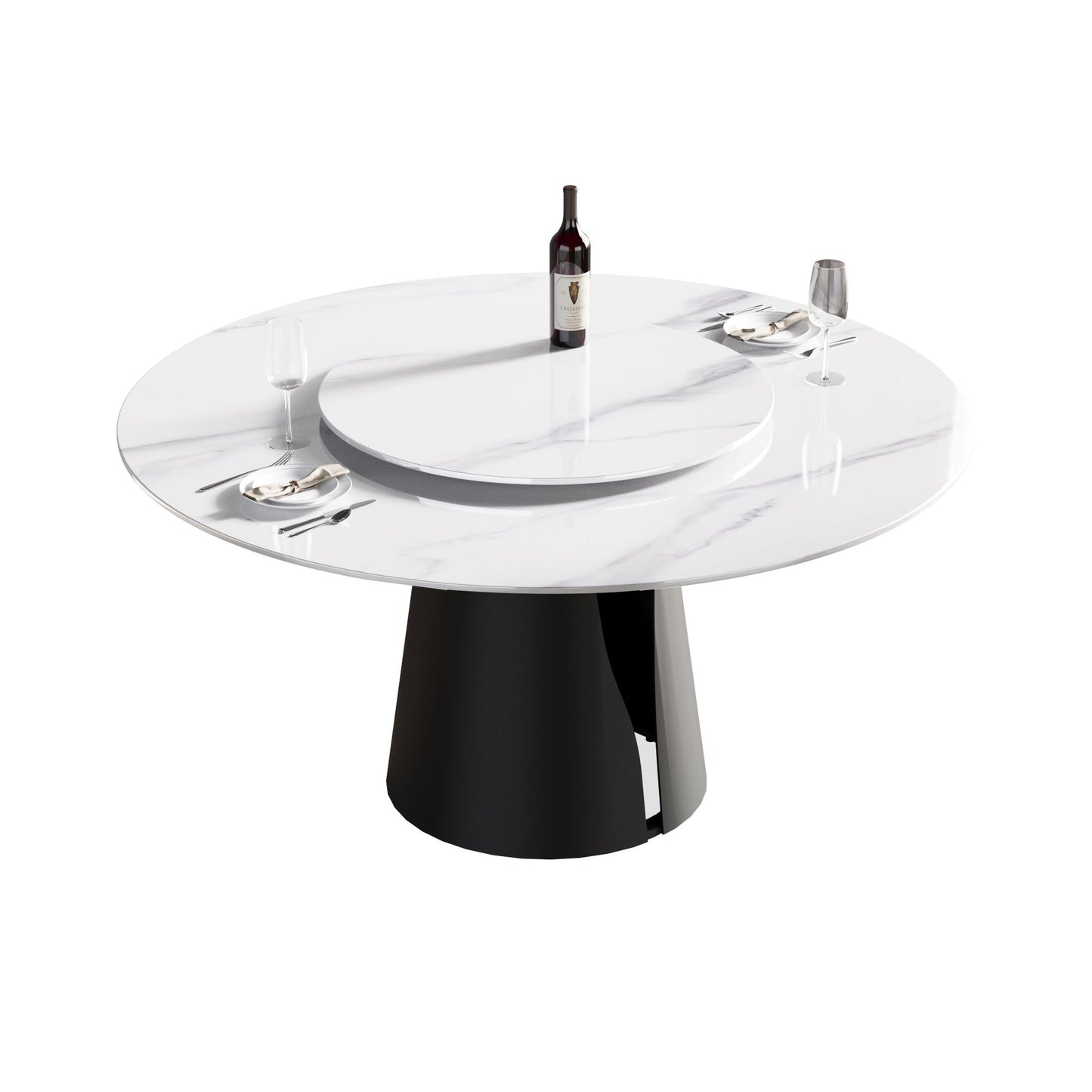 59.05" Modern Artificial Stone Round Carbon Steel Base Dining Table, Can Accommodate 6 People, White Artificial Stone Turntable - White / Black