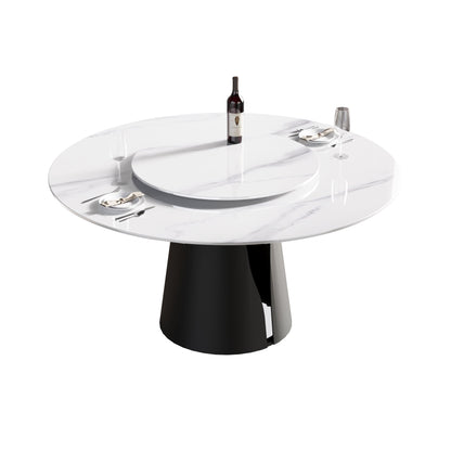 59.05" Modern Artificial Stone Round Carbon Steel Base Dining Table, Can Accommodate 6 People, White Artificial Stone Turntable - White / Black