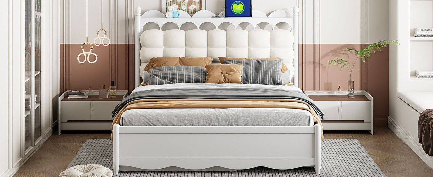 Queen Size Storage Platform Bed, With 2 Big Drawers, Twin Long Size Trundle, One Set Of Sockets & USB Ports - White
