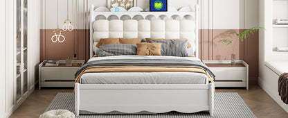 Queen Size Storage Platform Bed, With 2 Big Drawers, Twin Long Size Trundle, One Set Of Sockets & USB Ports - White