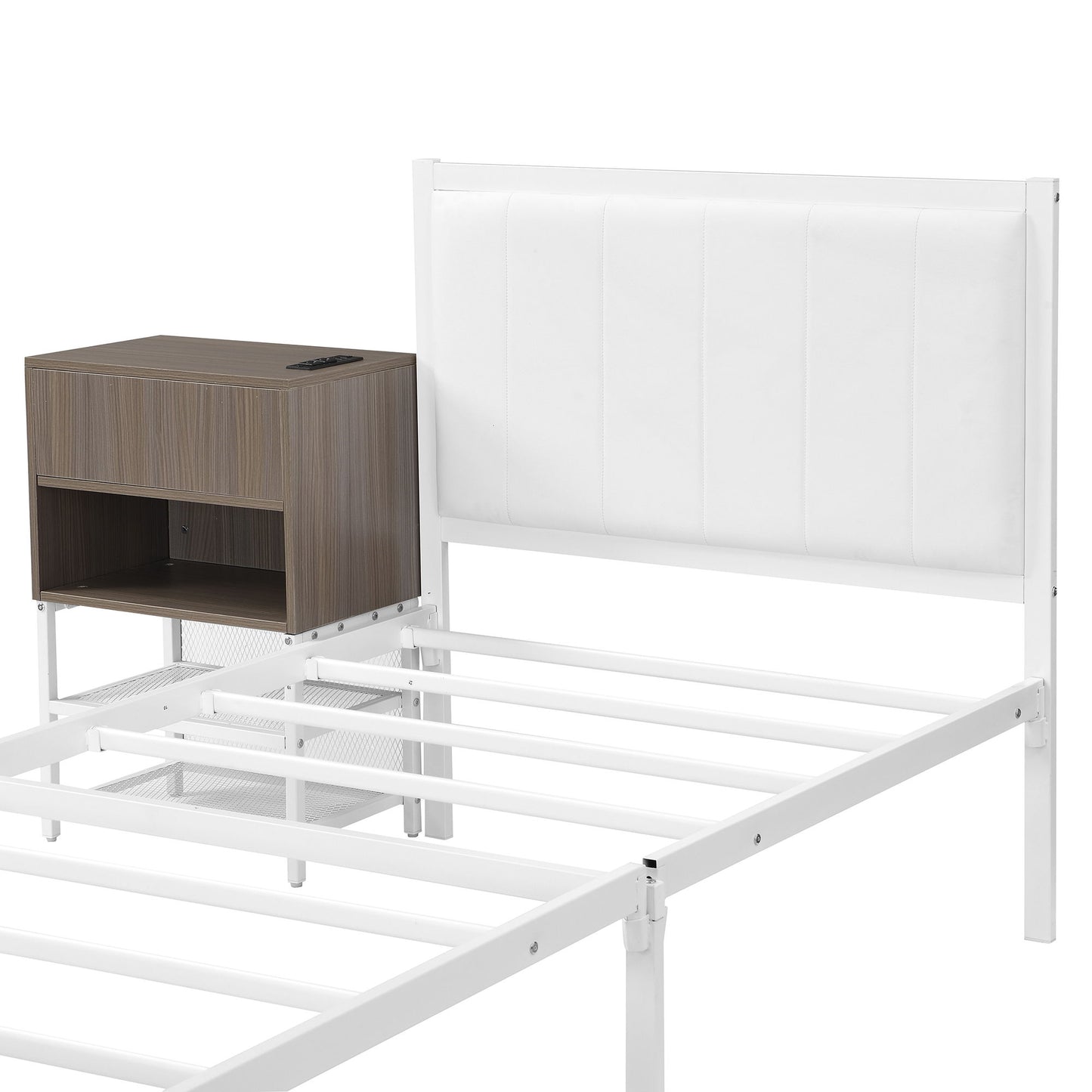 Twin Size Platform Bed With 2 Tier Storage Shelves, Storage Cabinet - White
