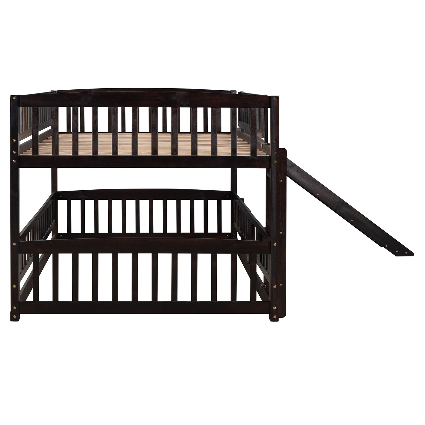 Full Over Full Low Bunk Bed With Slide, Fence And Ladder For Toddler - Espresso