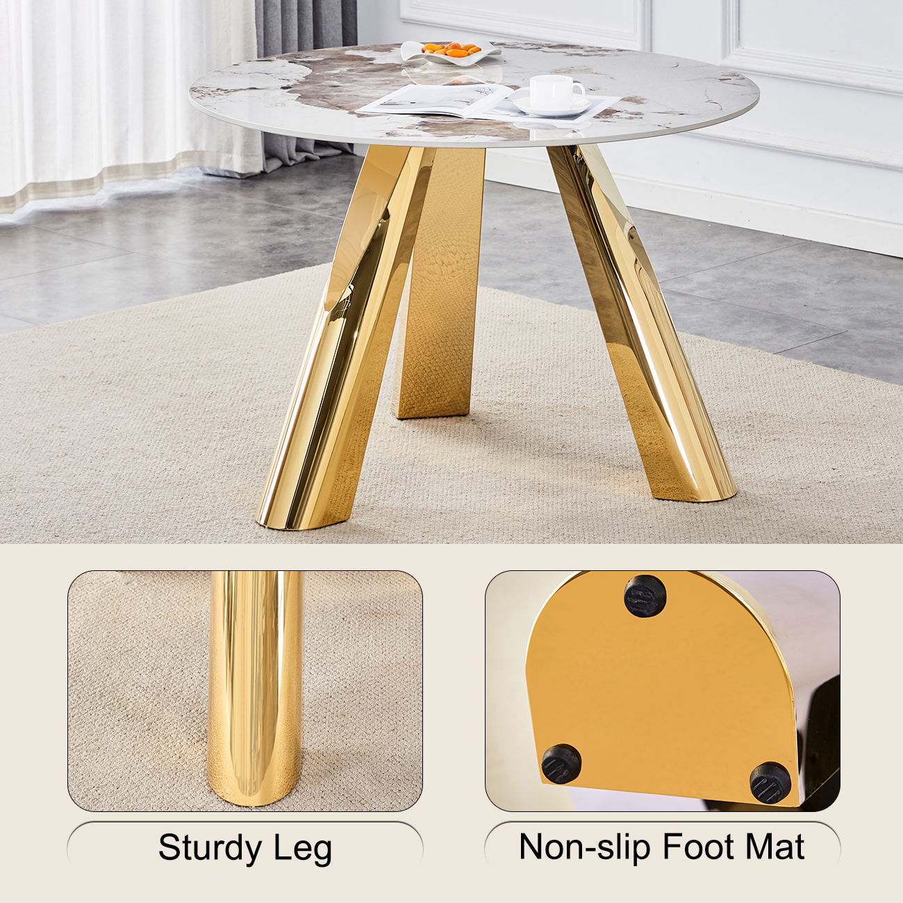 Stainless Steel Pattern Burning Stone Round Table Suitable For 2, 4 Or 6 People - Gold / White