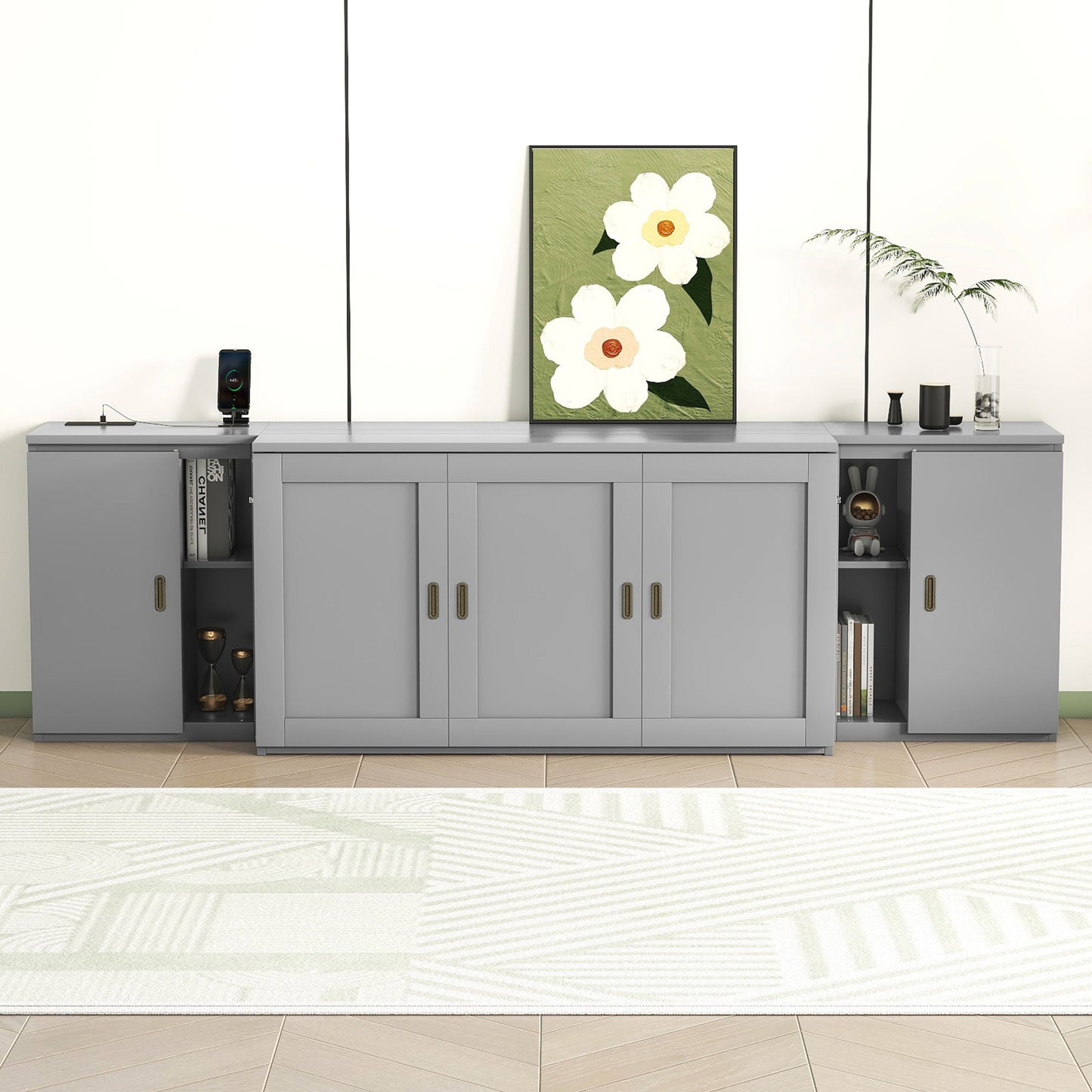 Queen Size Murphy Bed With Shelves, Cabinets And USB Ports - Gray