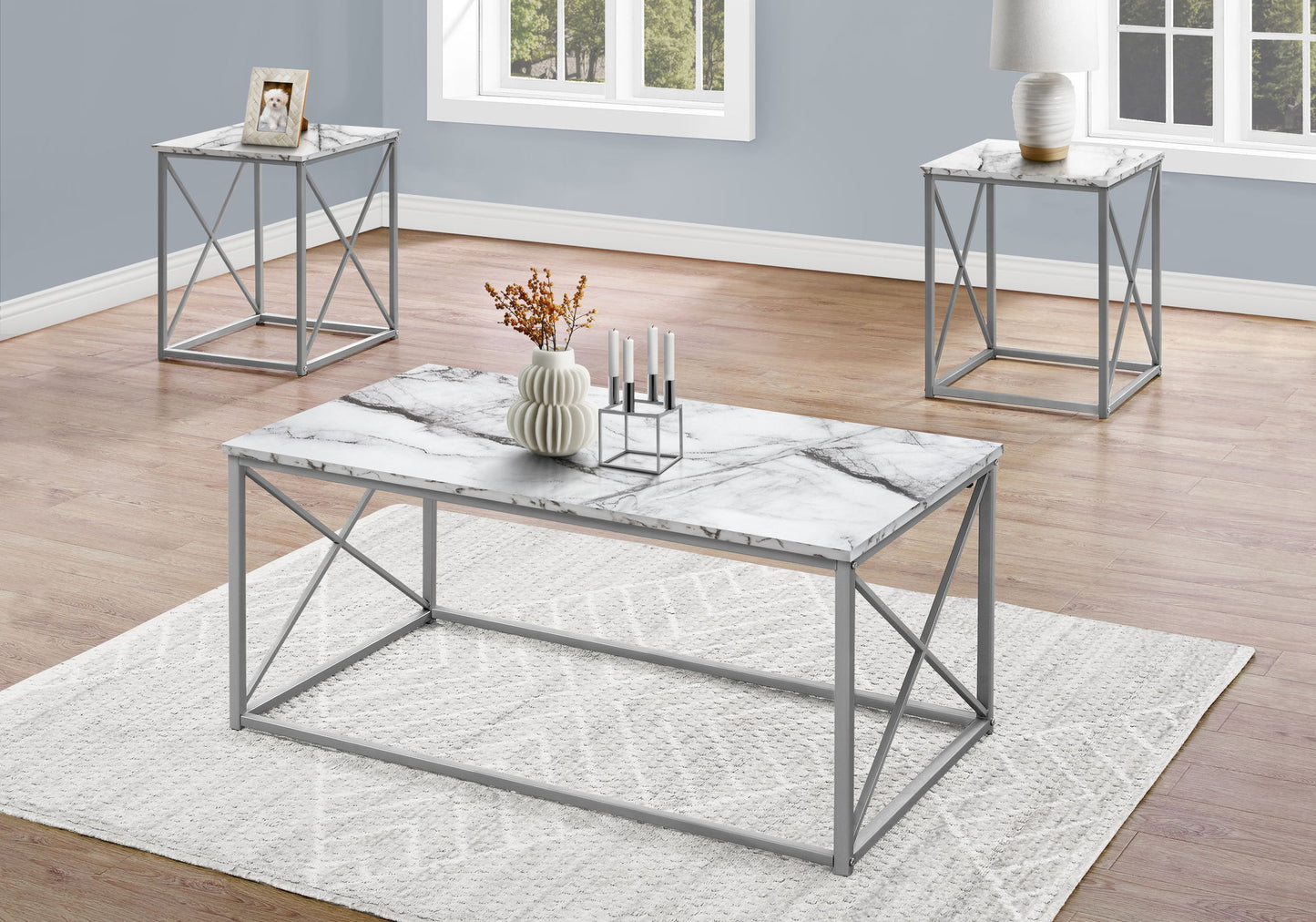 Table Set, Coffee, End, Side, Accent, Living Room, Marble Look Laminate, Contemporary & Modern (Set of 3) - White