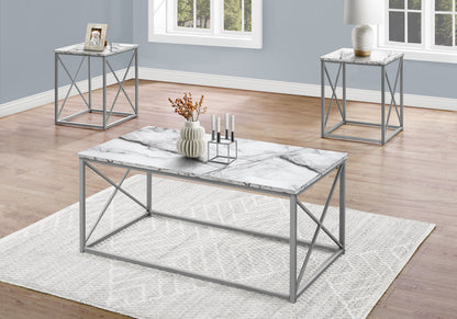 Table Set, Coffee, End, Side, Accent, Living Room, Marble Look Laminate, Contemporary & Modern (Set of 3) - White