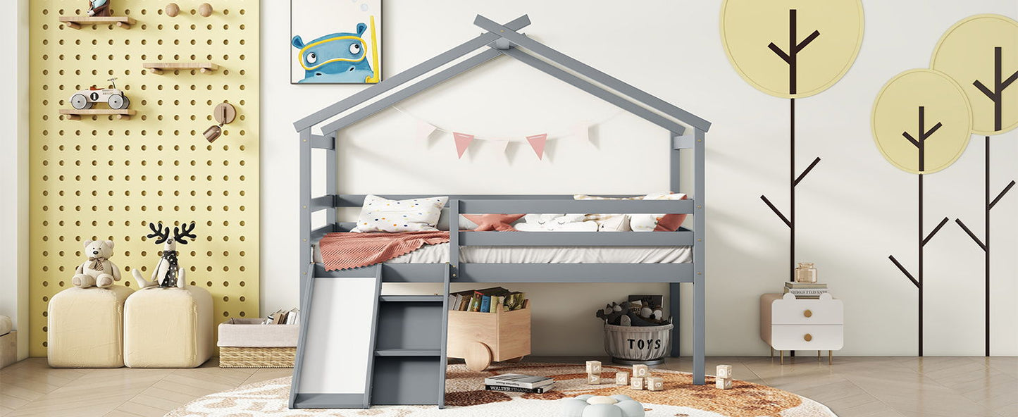 Twin Low Loft House Bed With Slide, Ladder, Safety Guardrails, House Roof Frame - Gray