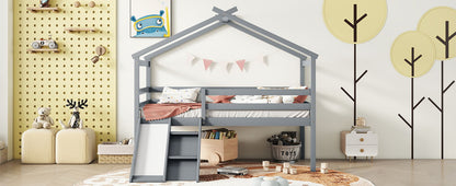Twin Low Loft House Bed With Slide, Ladder, Safety Guardrails, House Roof Frame - Gray