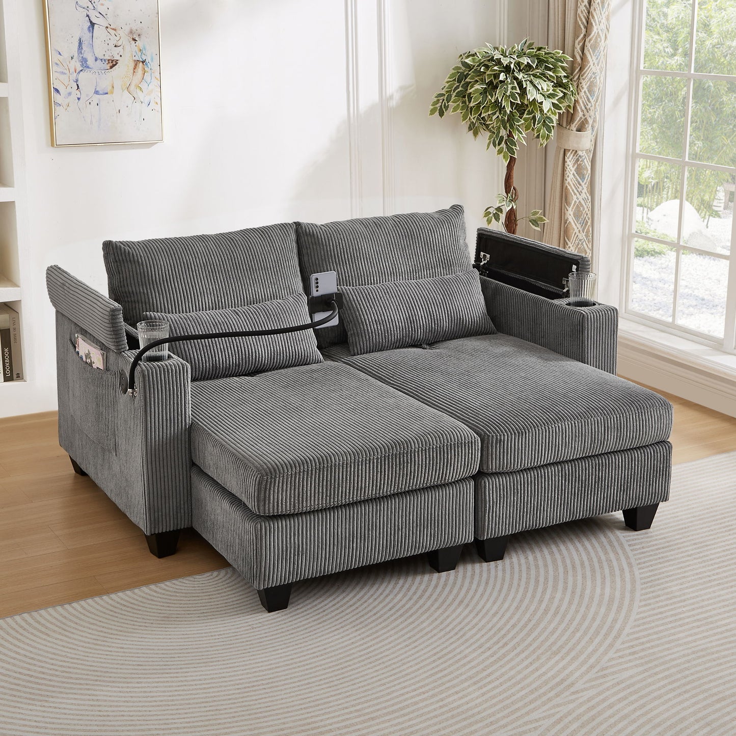 Convertible Chaise Lounge Loveseat Sofa Bed With USB Ports, Cup Holders, Phone Holder, Ample Storage - Gray