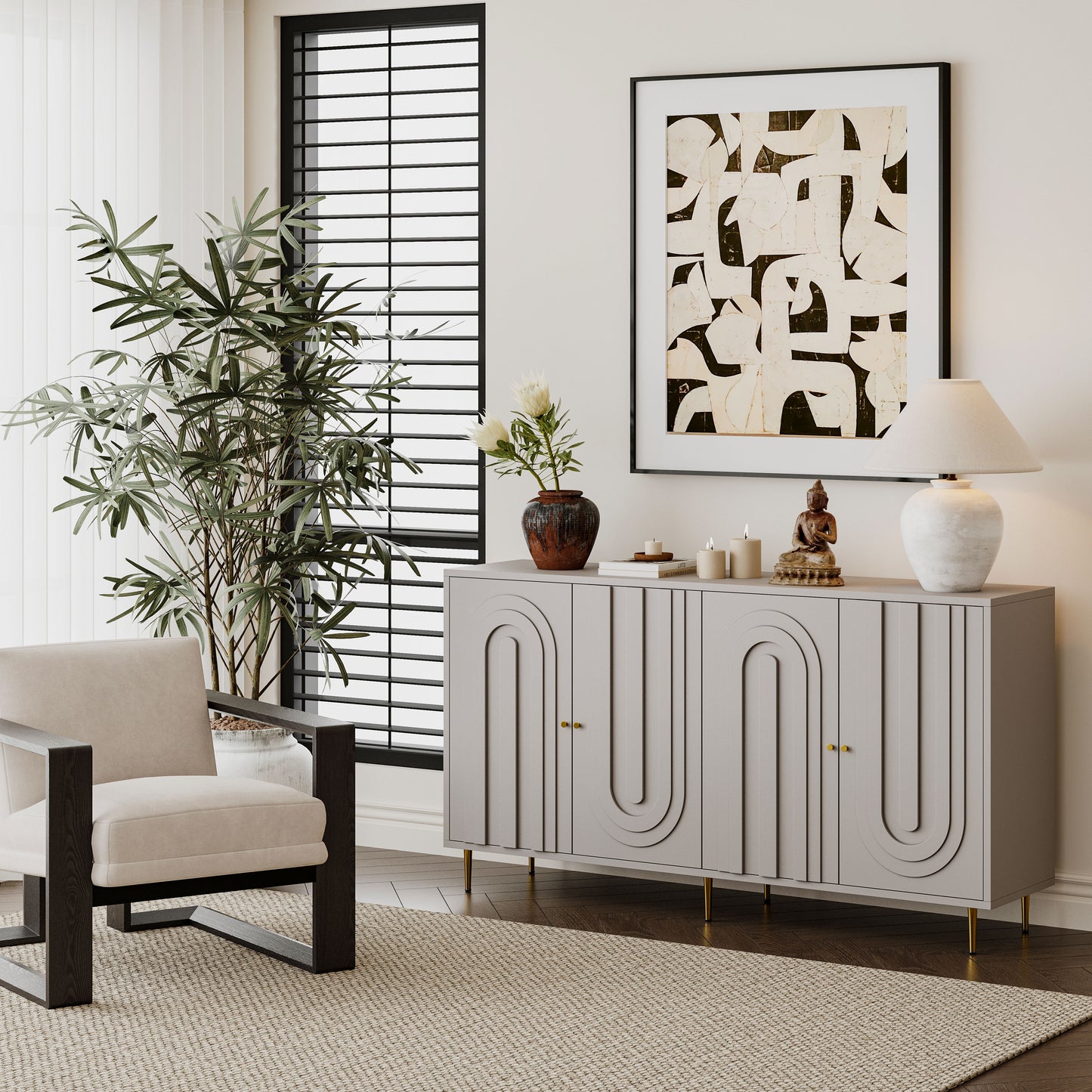 Modern Lacquered 4 Door Wooden Cabinet Sideboard Buffet Server Cabinet Storage Cabinet, For Living Room, Entryway, Hallway, Office, Kitchen And Dining Room - Gray