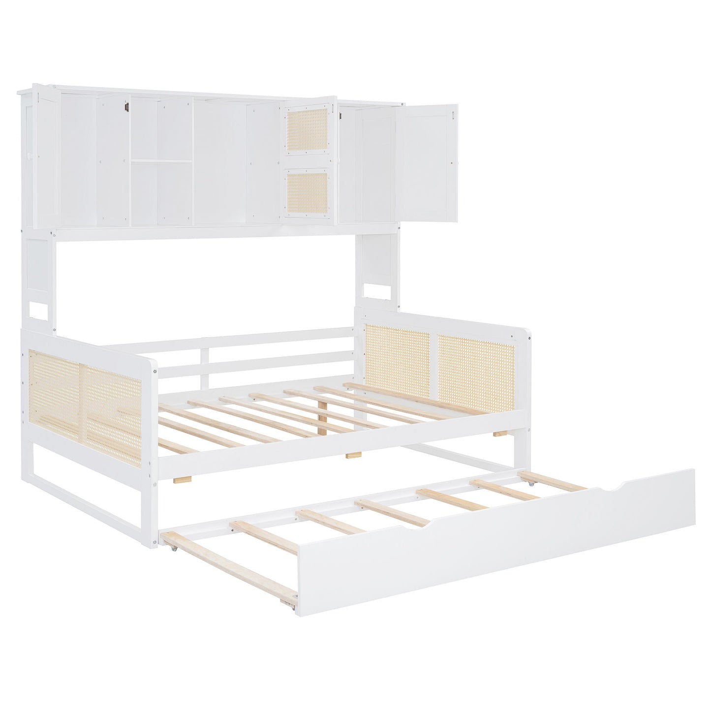 Full Size Wooden Daybed & Twin Size Trundle, And All In One Cabinet And Shelf - White
