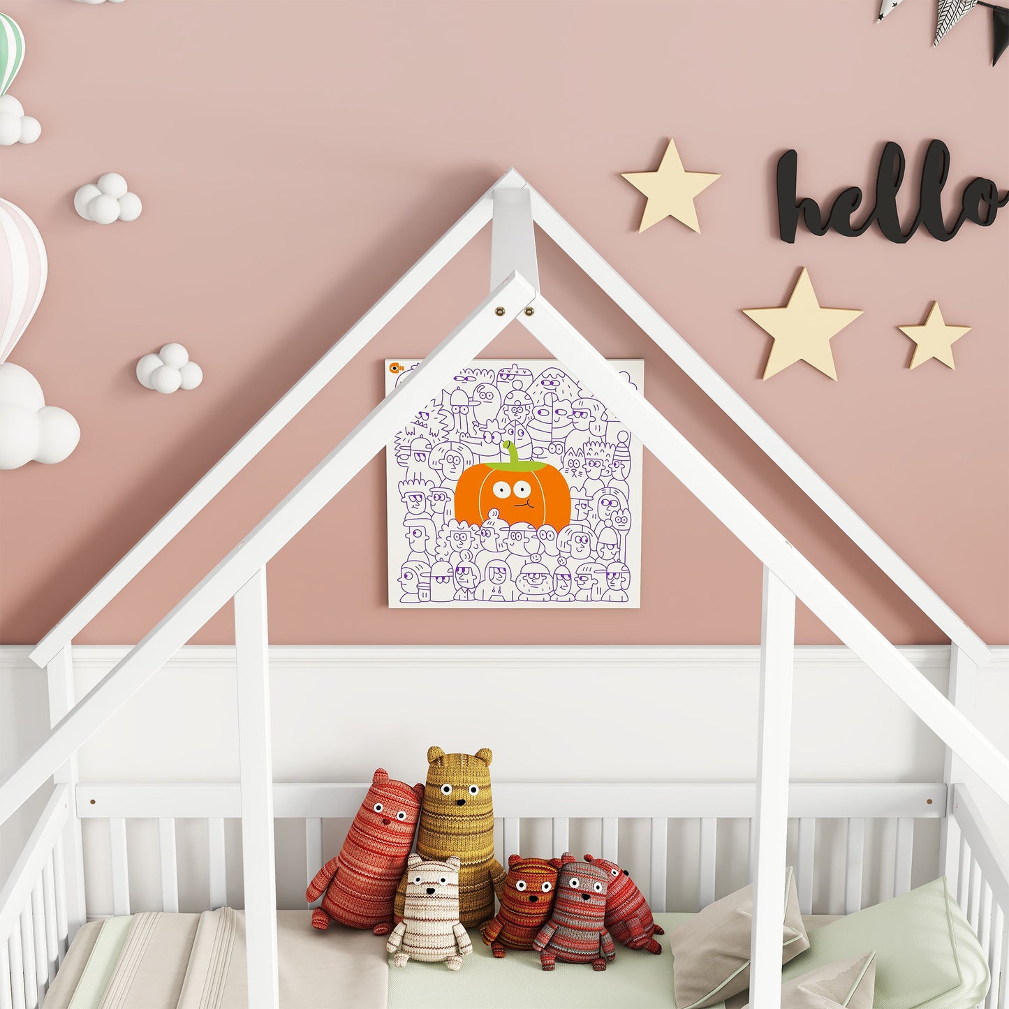 Full Wood House-Shaped Floor Bed With Fence, Guardrails - White