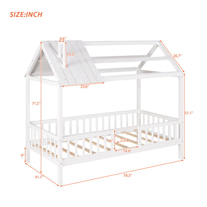 Twin Size House Bed With Fence - White