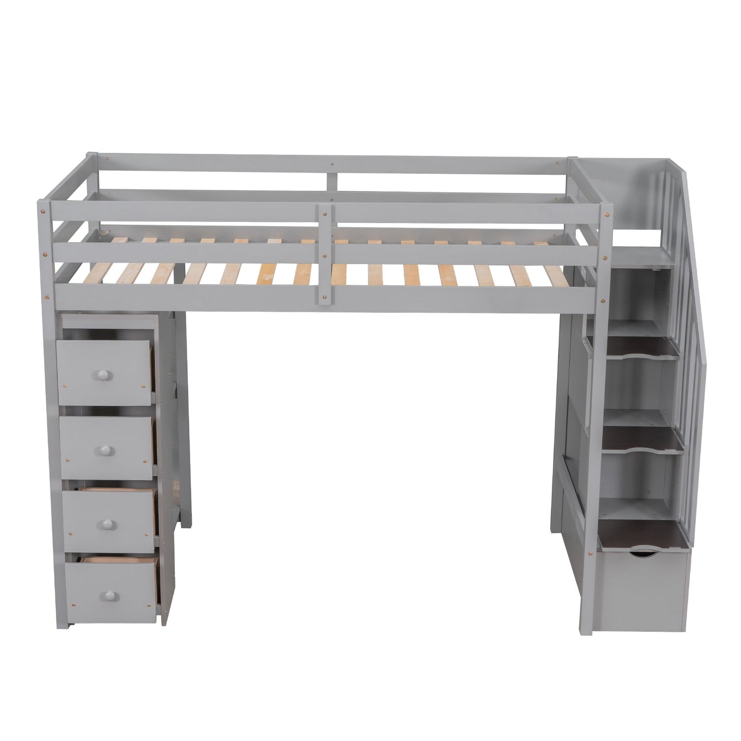 Twin Size Loft Bed With Storage Drawers And Stairs With Shelves - Gray