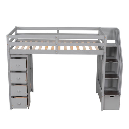 Twin Size Loft Bed With Storage Drawers And Stairs With Shelves - Gray