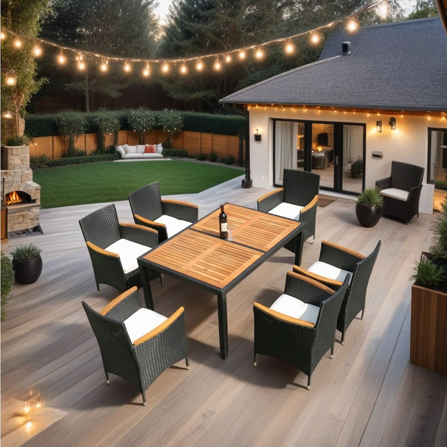 7 Piece Outdoor Patio Wicker Dining Set Patio Wicker Furniture Dining Set - Black / Cream
