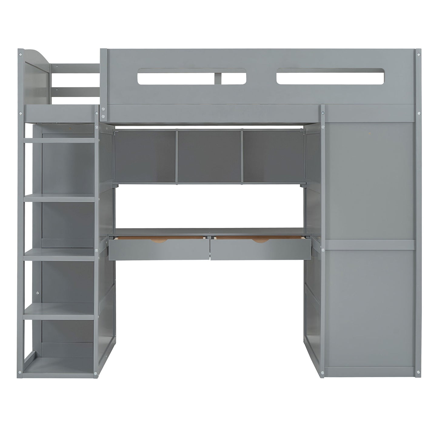 Twin Size Loft Bed With Desk, Wardrobes, 4 Drawers And 4 Shelves Construction - Gray