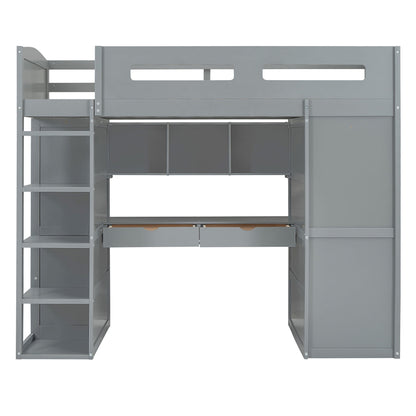 Twin Size Loft Bed With Desk, Wardrobes, 4 Drawers And 4 Shelves Construction - Gray