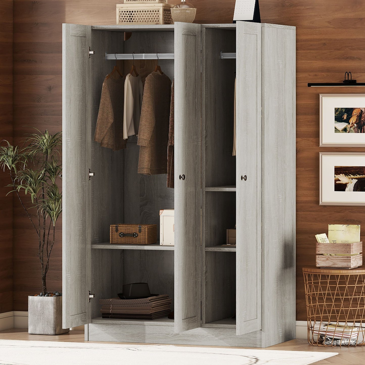 3 Door Shutter Wardrobe With Shelves - Gray