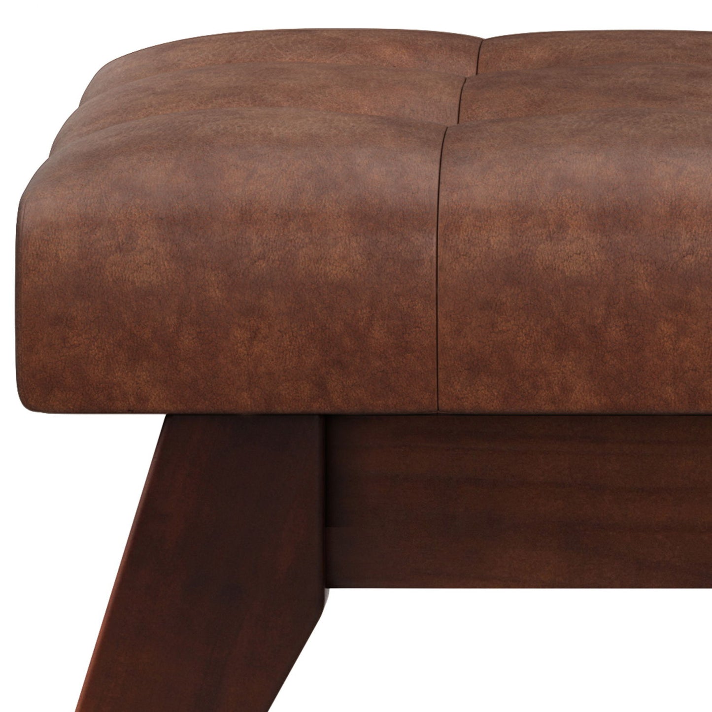 Draper - Mid Century Tufted Ottoman Bench - Distressed Saddle Brown