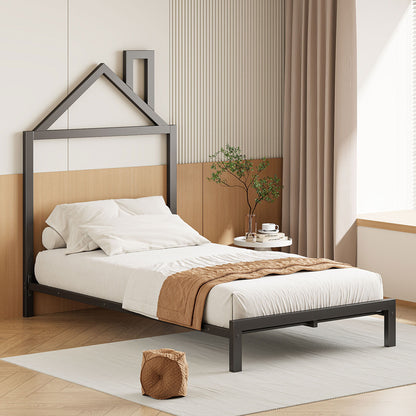 Twin Size Platform Bed With House-Shaped Headboard Design - Black