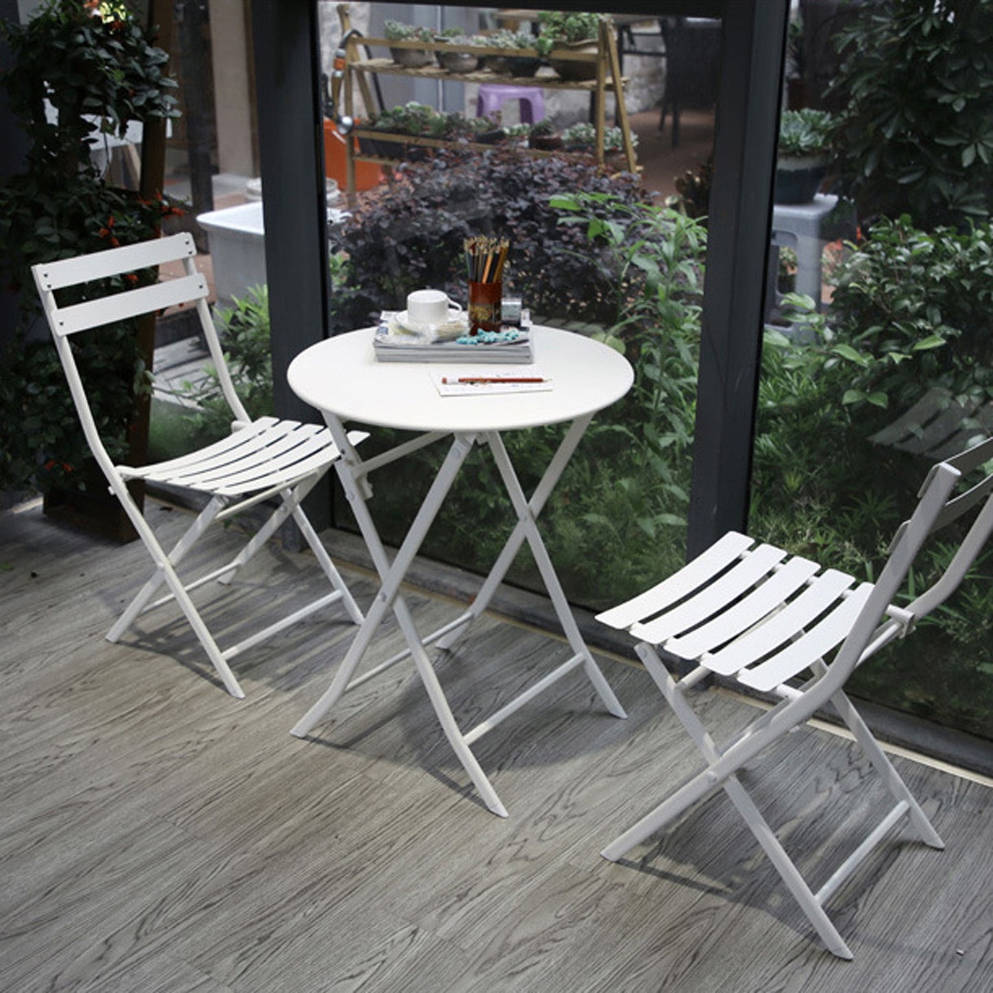 3 Piece Patio Bistro Set Of Foldable Round Table And Chairs - White