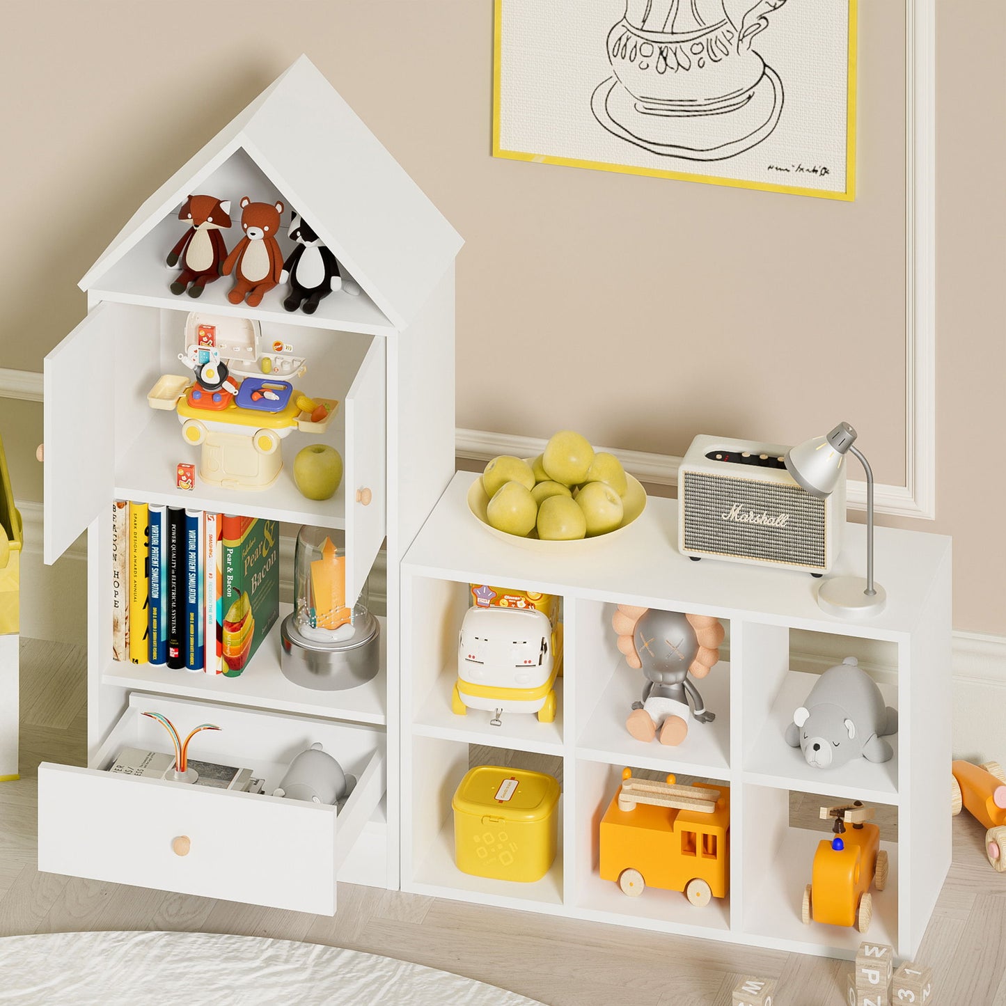 Versatile Kids Bookshelf With House-Shaped Design Multifunctional Storage, Durable - White