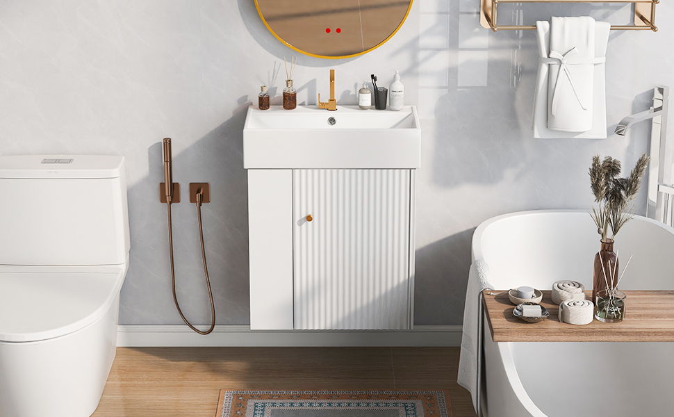 Modern Floating Bathroom Vanity With Ceramic Basin Perfect For Small Bathrooms, Left Side Storage - White