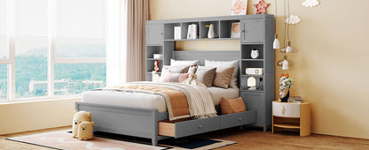 Full Size Bed With All In One Cabinet And Shelf - Gray