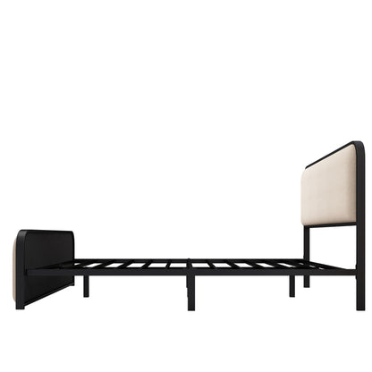 Modern Metal Bed Frame With Curved Upholstered Headboard And Footboard Bed With Under Bed Storage, Heavy Duty Metal Slats, King Size - Beige