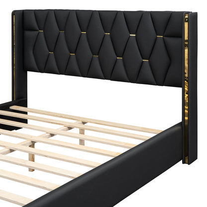 Full Size Upholstered Platform Bed With Strips - Black