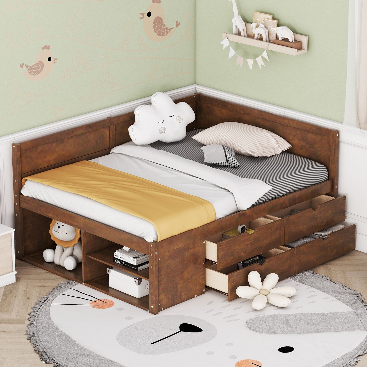 Full Size Daybed With Drawers And Shelves - Walnut