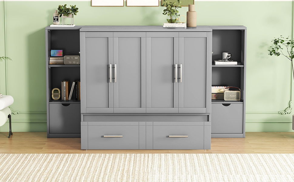 Queen Size Murphy Bed With Shelves, Drawers And USB Ports - Gray