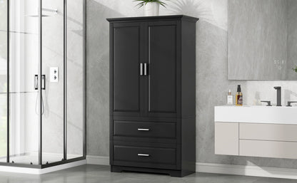 Tall Bathroom Storage Cabinet, Cabinet With 2 Doors And Drawers, Adjustable Shelf - Black