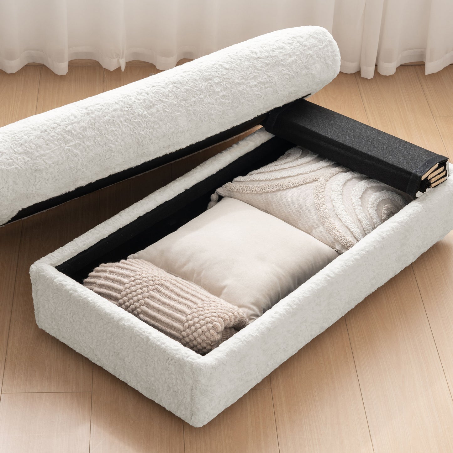 Oversized Chaise Lounge Indoor Rabbit Fur Sofa Bed With Storage Ottoman And Armrests Cup Holders With Deep Seat - Beige