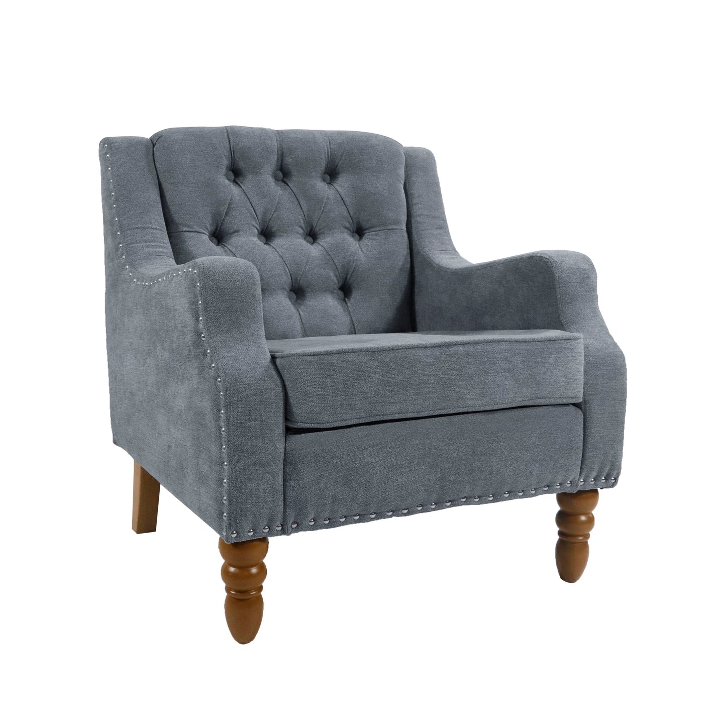 Accent Chair, Living Room Chair, Footrest Chair Set With Vintage Brass Studs, Button Tufted Upholstered Armchair For Living Room, Comfy Reading Chair For Bedroom, Reception Room - Gray