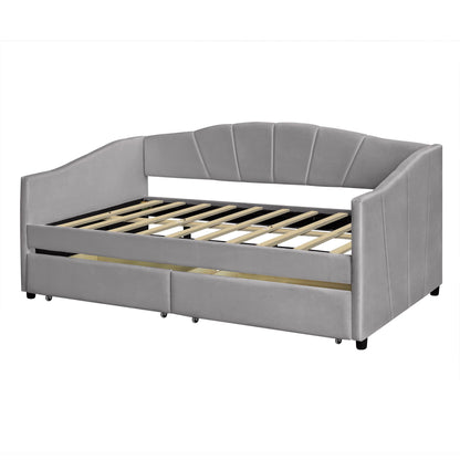 Twin Size Upholstered Daybed With Two Drawers And Slat - Gray