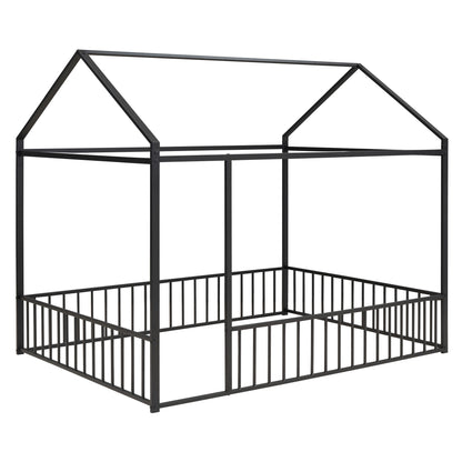 Full Size Bed House Bed Frame With Fence - Black