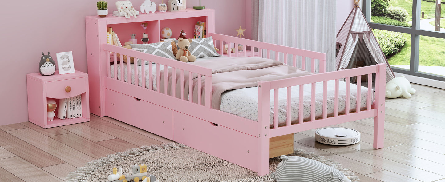 Twin Size Bed With Headboard Storage Rack, 2 Under Bed Drawers, 3 - Side Guardrails For Safety And Security - Pink