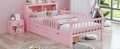 Twin Size Bed With Headboard Storage Rack, 2 Under Bed Drawers, 3 - Side Guardrails For Safety And Security - Pink