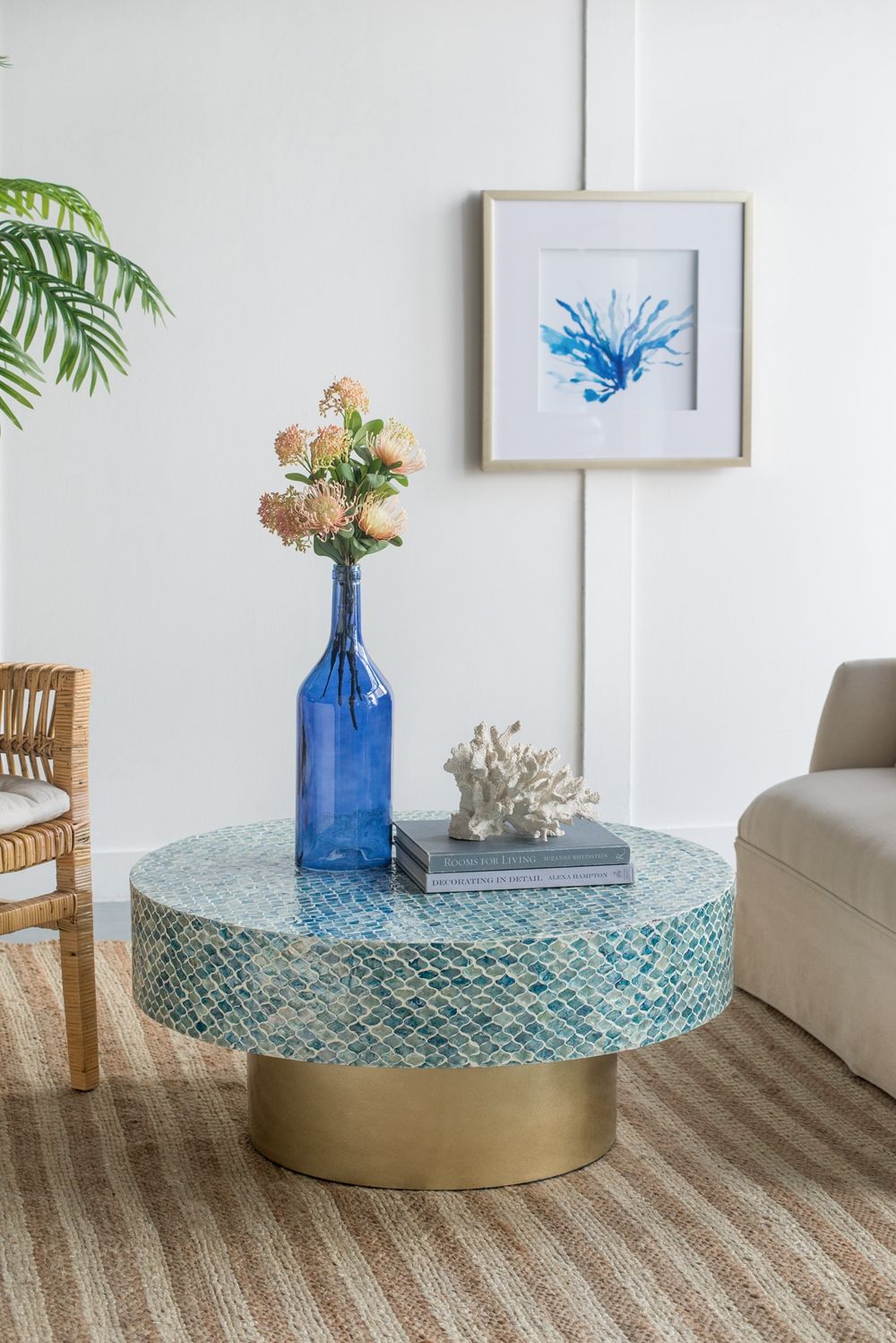 Unique Hyperion Capiz Inlay Drum Coffee Table With Pedestal Base - Multi