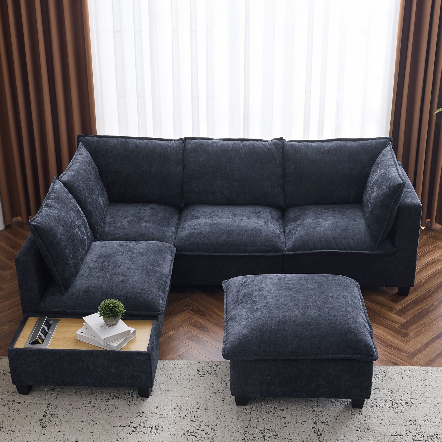 U - Shaped Sectional Sofa Modular Sofa Couch With A Movable Ottoman, A Coffee Table With Hidden Charging Devices For Living Room - Blue