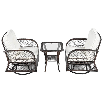 3 Piece Outdoor Chair & Table Set Chat Set 2 Person Rattan Seating Group With 2 Swiveling And Rocking Chairs And A Square Table For Garden, Patio, Or Balcony - Brown