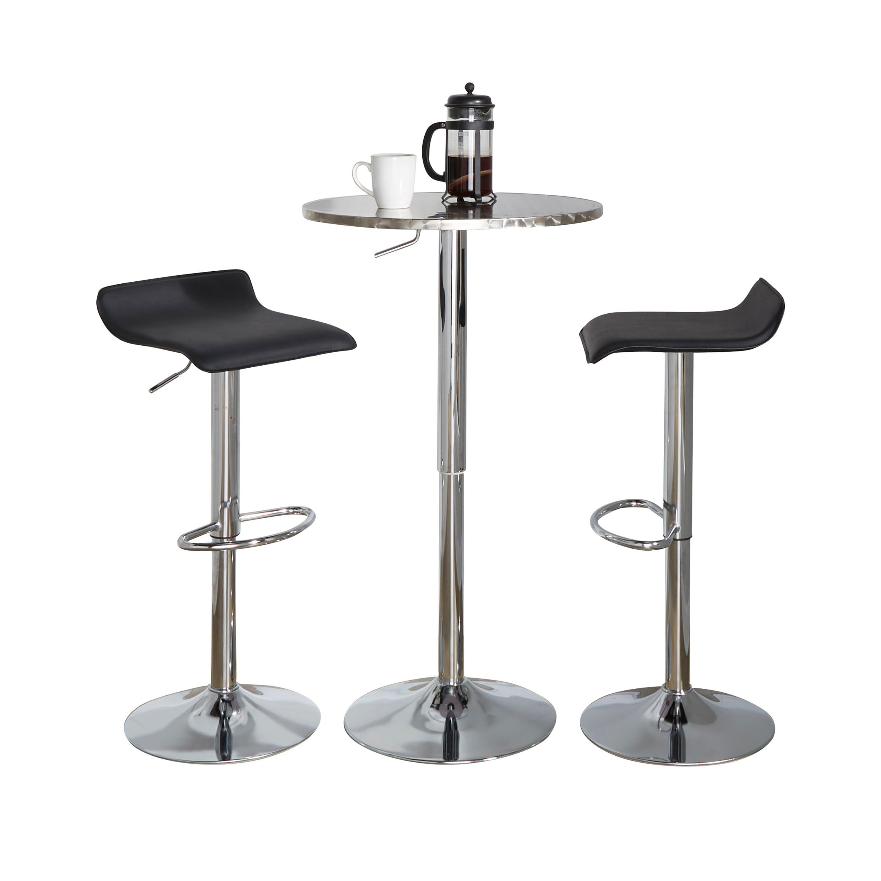 Ale - 3 Piece Bar Set Bistro Round Contemporary Adjustable Oval Footrest - Silver / Chrome - Black