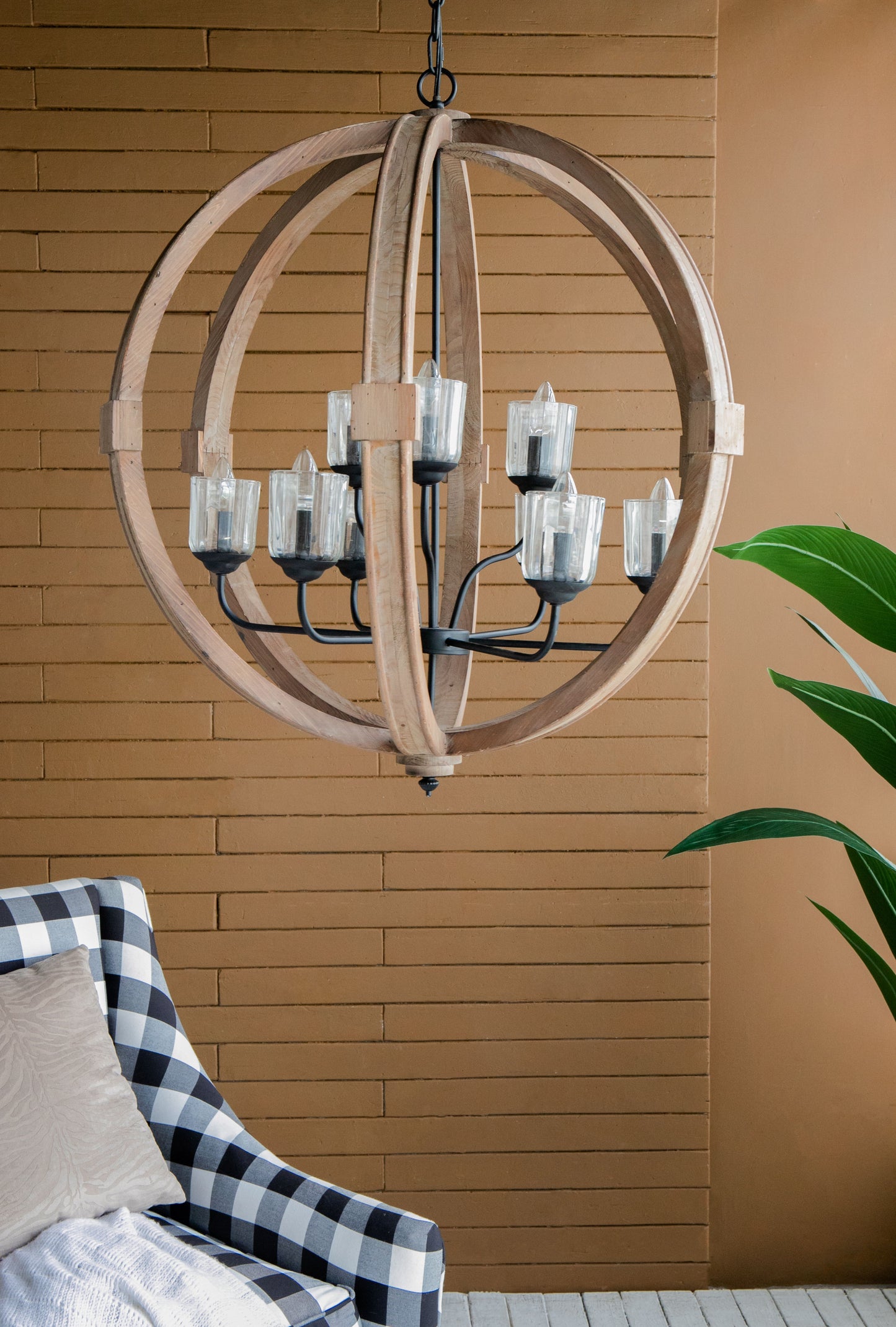 9 Light Globe Chandelier, Wood Chandelier Hanging Light Fixture With Adjustable Chain For Kitchen, Bulb Not Included - Brown
